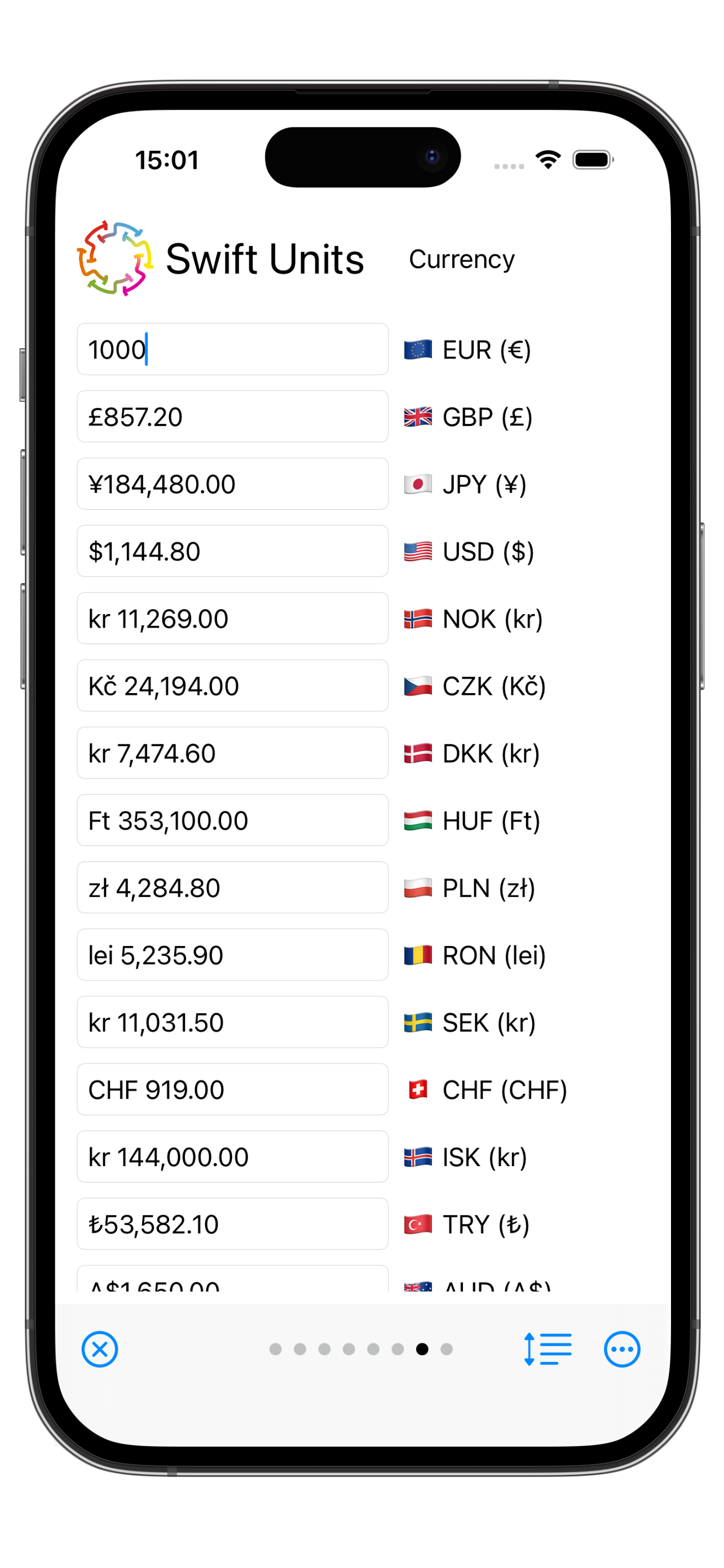 Swift Units currency conversion screen